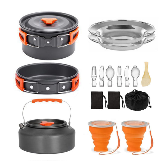 Camping Cookware Camping Cooking Set, Non-Stick Hard-Anodized Aluminum Pot & Pan with Kettle, 2 Forks Knives Spoons, 2 Plates & Folding Cups, Compact Backpacking Cookware for 2-3 People, Camping Gift