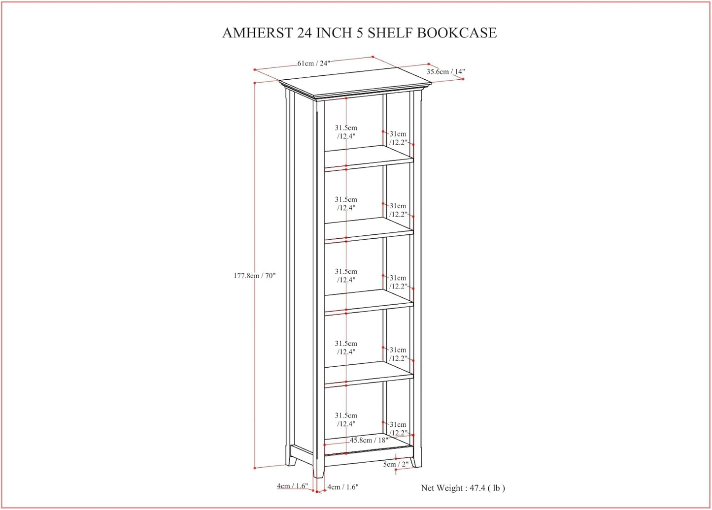 SIMPLIHOME Amherst Bookcase - 70 inch Tall 5-Shelf Solid Wood Bookshelf in Hickory Brown, Transitional Storage for Living Room, Study Room or Office with Adjustable Shelves and Tapered Legs