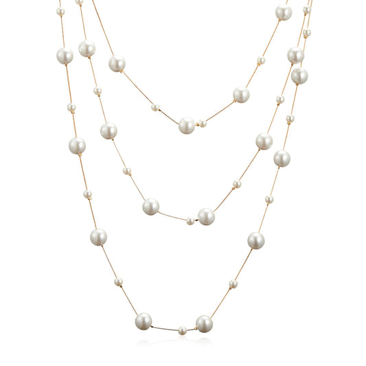 IDOKAWA 8MM Round Simulated Shell Pearl Strand Layered Necklace for Women, Dainty Multiple Strands Long Necklace for Party, Vintage Costume Jewelry