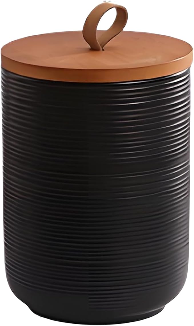 Food Storage Jar Strong Ceramic Storage Canisters with Airtight Wooden Lid,Kitchen Storage Containers for Serving Coffee Beans, Tea, Sugar, Salt, Spices (Medium black 27oz)