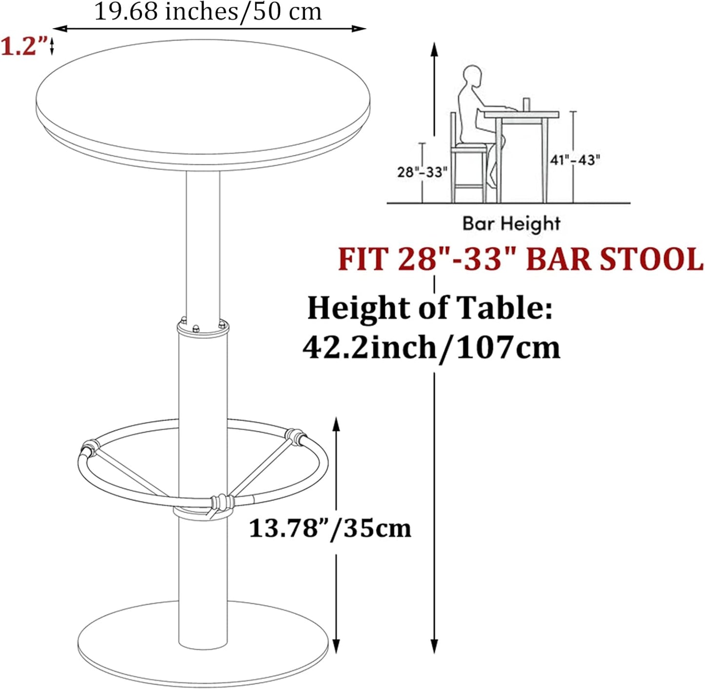 LOKKHAN 42" Tall Rustic Industrial Bar Table-19.68" Dia Round Wooden Top Metal Bar Height Adjustable Standing Pub Table-Dining Room Bistro Table-Cocktail Table