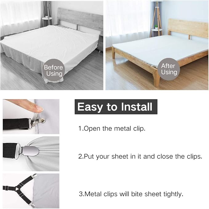 Foloda Sheet Holders, 4 pcs Adjustable Bed Sheet Straps, Fitted Sheet Holder Clips Fasteners Suspenders Gripper Locker Scrunchie for Bed Mattress Corners, Keep Sheet Firm Tight