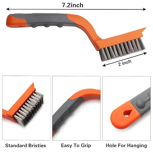 MAXMAN Wire Brush 3Pcs Brass/Stainless Steel/Nylon Wire Brushes for Cleaning Rust Bristle Brush Set with Rubber Curved Handle Grip Used for Dirt, Paint Remover (Orange+ Gray)