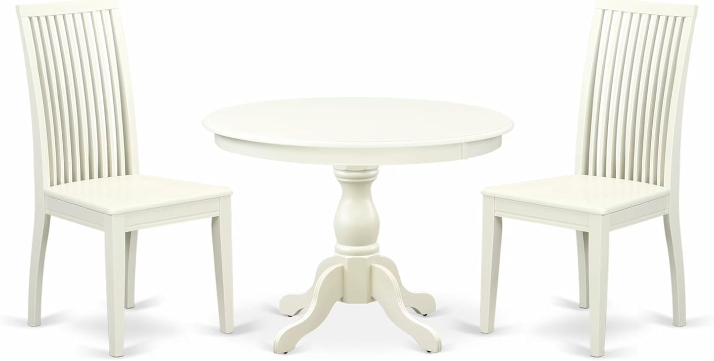 East West Furniture HBIP3-LWH-W 3 Piece Modern Dining Table Set Contains a Round Wooden Table with Pedestal and 2 Dining Chairs, 42x42 Inch, Linen White