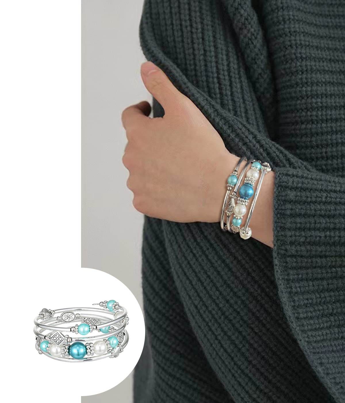 FULU AUTUMN Beaded Pearl Bangle Bracelets for Women Silver Wrap Bangles Bracelet Womens Costume Jewelry Fashion Gift(18-Sea green)