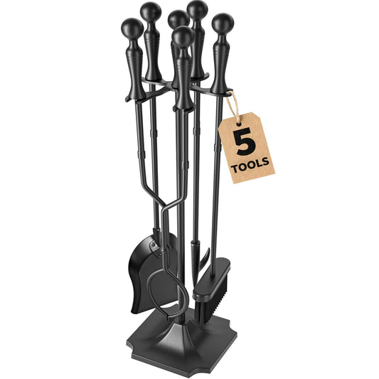 AMAGABELI Garden & Home 5 Pcs Fireplace Tools Set 31 Inch Indoor Black Handle Wrought Iron Large Fire Tool Accessories Set Holder Outdoor Fireset Modern Fire Pit Stand with Poker Brush Shovel Tong