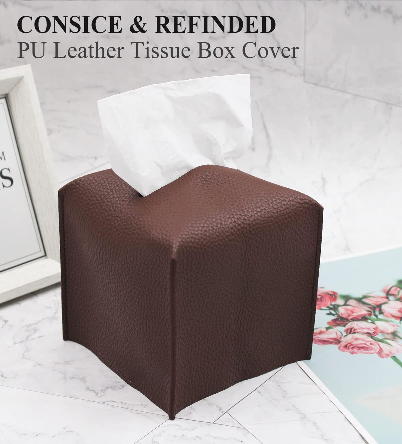 Livelab Tissue Box Cover, Square Decorative PU Leather Tissue Box Holder Modern Tissue Case Facial Paper Organizer Dispenser for Bathroom, Vanity Countertop, Night Stands, Desk 5X5X5'' | Dark Brown
