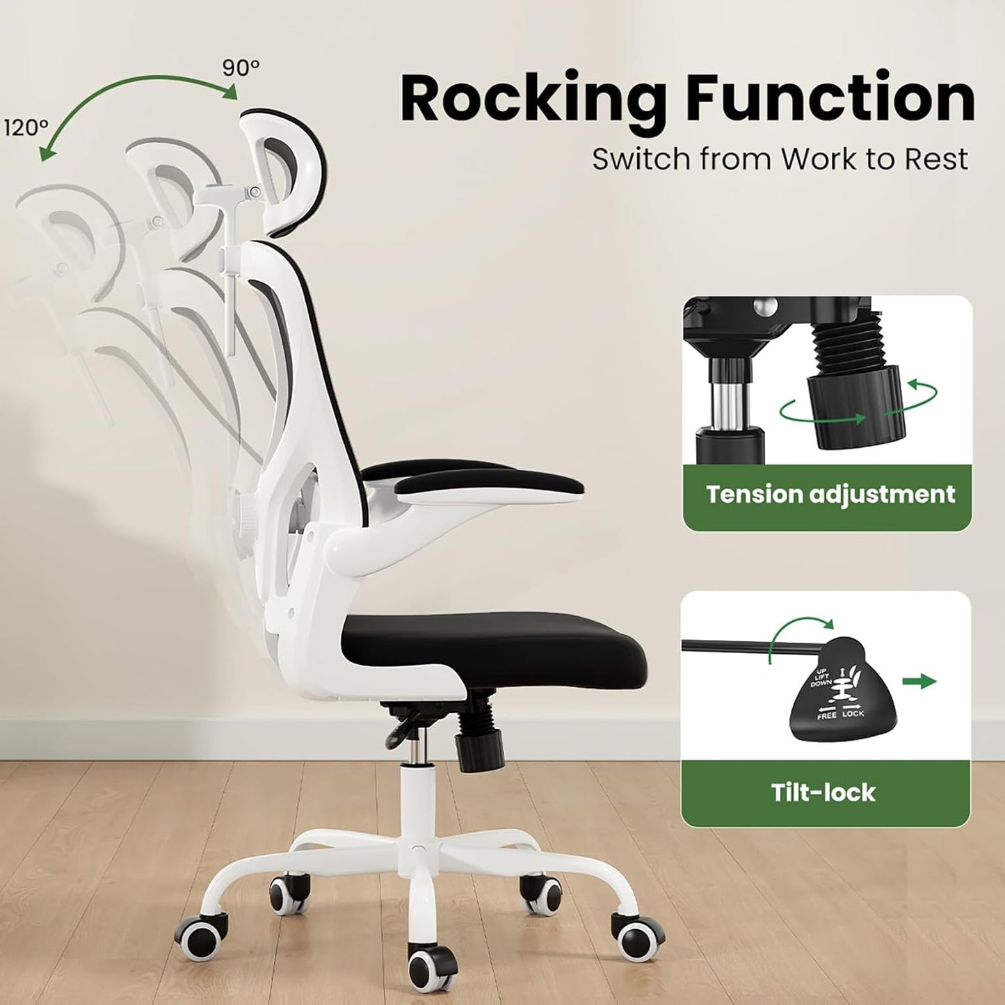 Ergonomic Office Chair, Comfy Home Office Chair High Back Computer Chair with Headrest, Adjustable Back Support, Flip-Up Arms, 90-120° Tilt and Wide Cushion, Up to 300lbs, Black+White