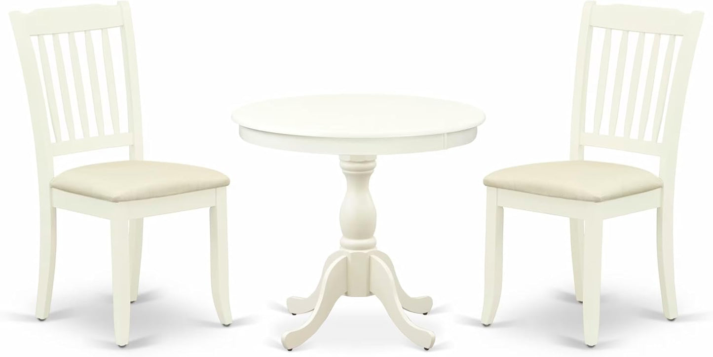 East West Furniture AMDA3-LWH-C 3 Piece Dining Table Set for Small Spaces Contains a Round Kitchen Table with Pedestal and 2 Linen Fabric Upholstered Chairs, 36x36 Inch, Linen White