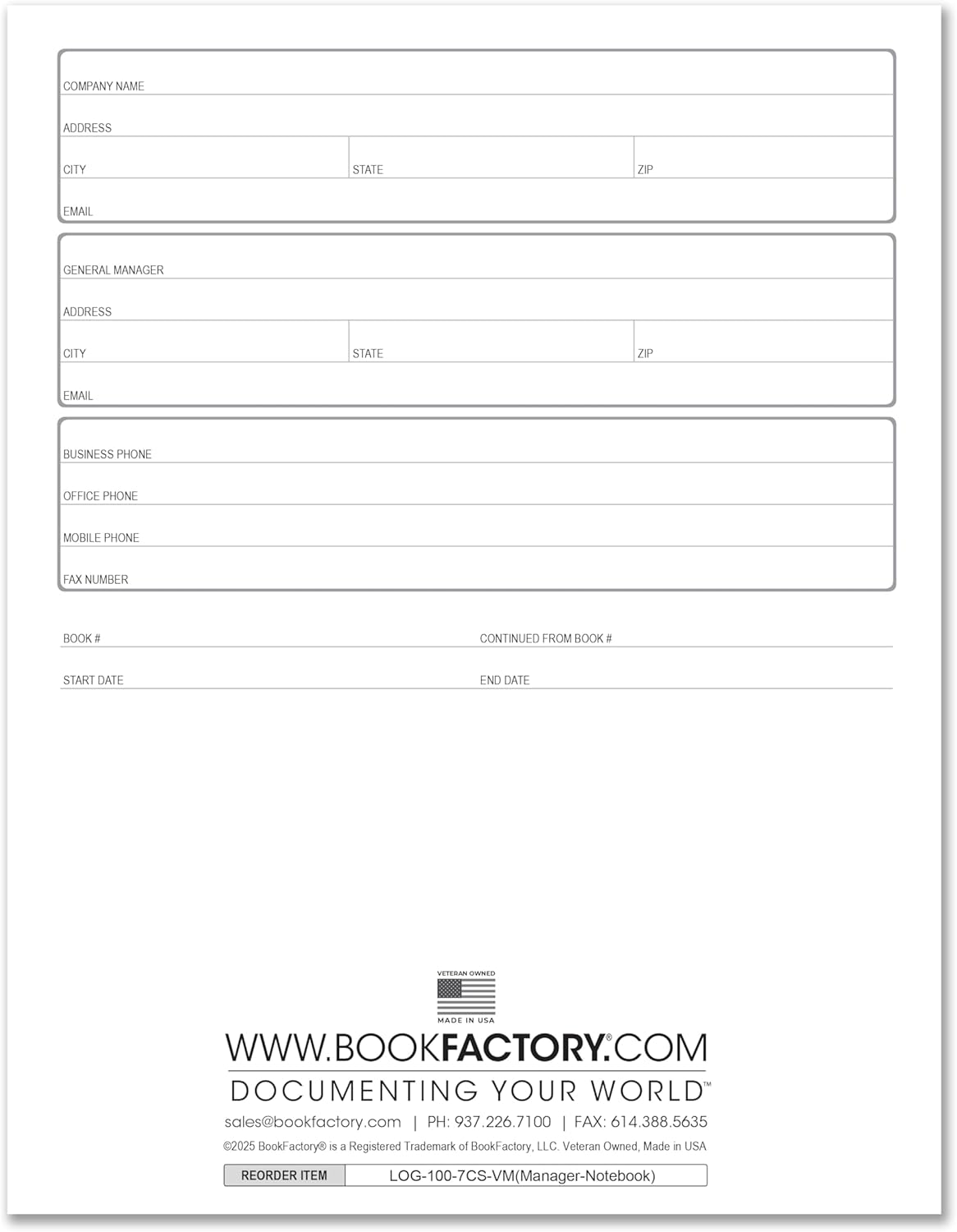 BookFactory Manager Notebook Manager's Log Book Planner Management Logbook, Laminate Hardbound 100 Pages 8.5" x 11" (Made in USA)