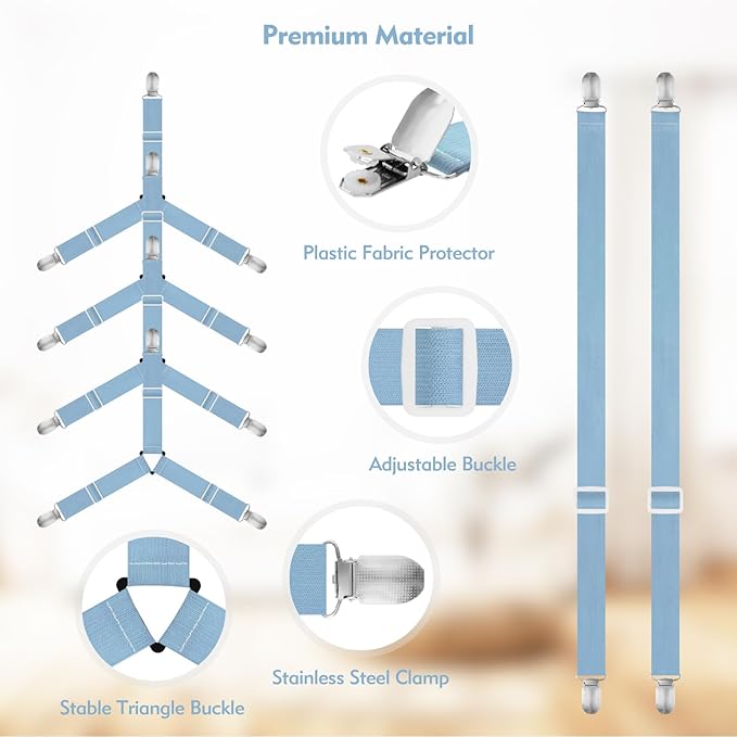 Bed Sheet Holder Straps, 4+2 Pcs Adjustable Mattress Sheet Clips, Bed Sheet Fasteners Elastic Sheet Suspenders to Keep Bed Sheet in Place for Different Beds (Blue)