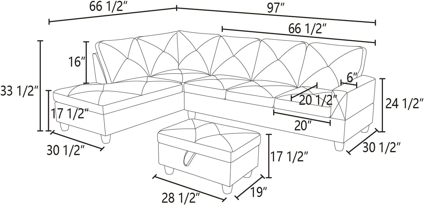 L-Shaped Sectional Sofa with Ottoman, Color Blocking Flannel Leather Right-Facing Modern Couch for Living Room, Bedroom, Office, Black Stripe