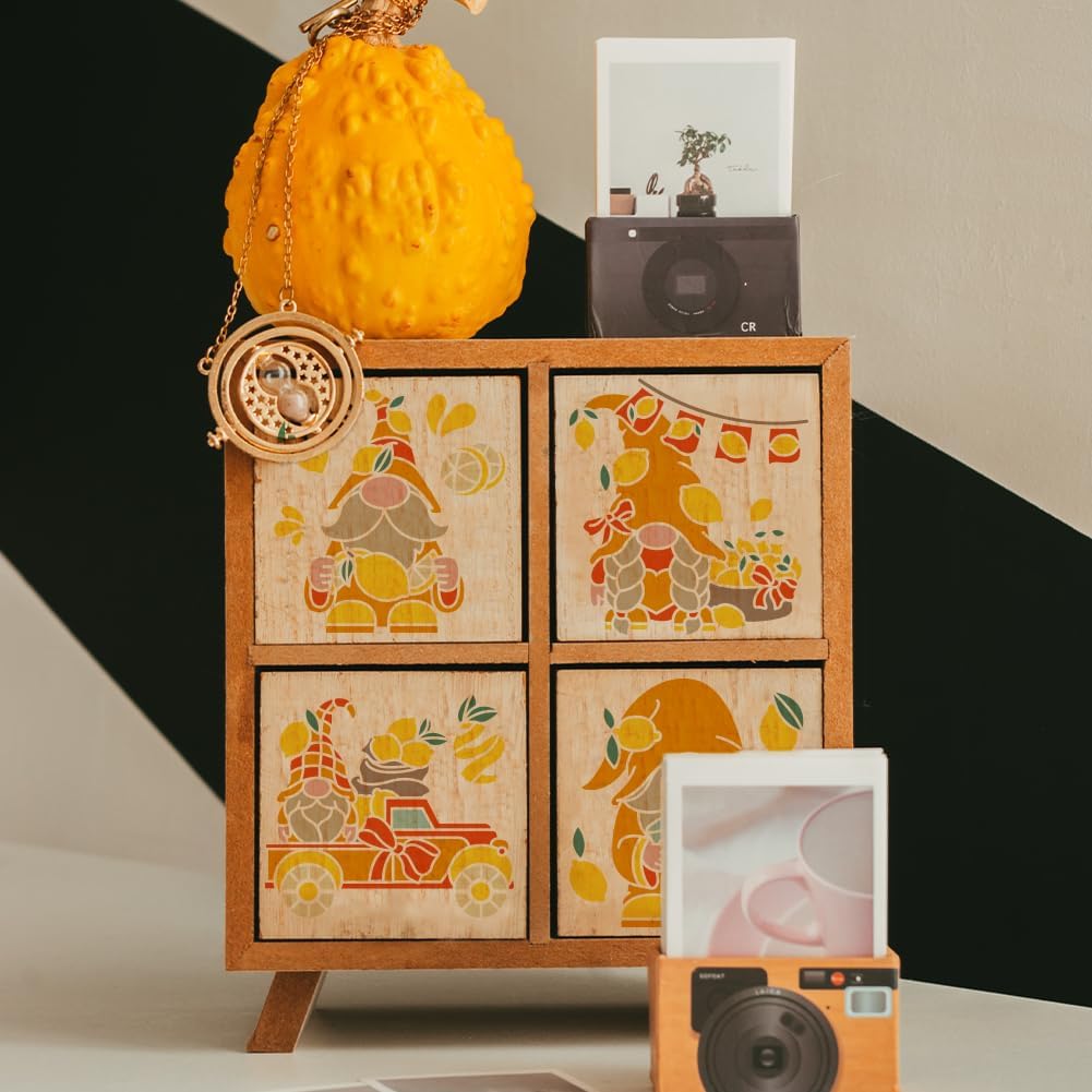 MAYJOYDIY 6pcs Lemon Gnome Stencils 8×8inch Gnome Themed Stencils with Paint Brush Reusable Summer Lemon Juice Truck Drawing Template for Canvas Wall Wood DIY Craft Home Decor