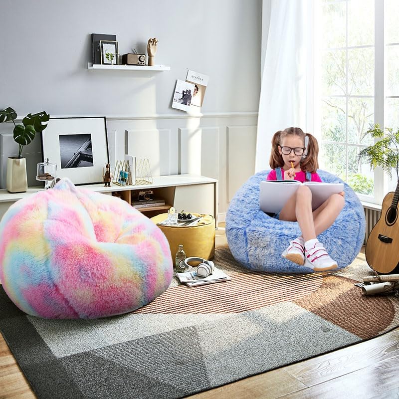 Fluffy Bean Bag Chair for Kids, 2.5FT Round Memory Foam Filled Bean Bag for Teens & Kids, Ultra Soft Faux Fur Fabric Bean Bag Chairs for Playroom, Living Room, Bedroom, Blue