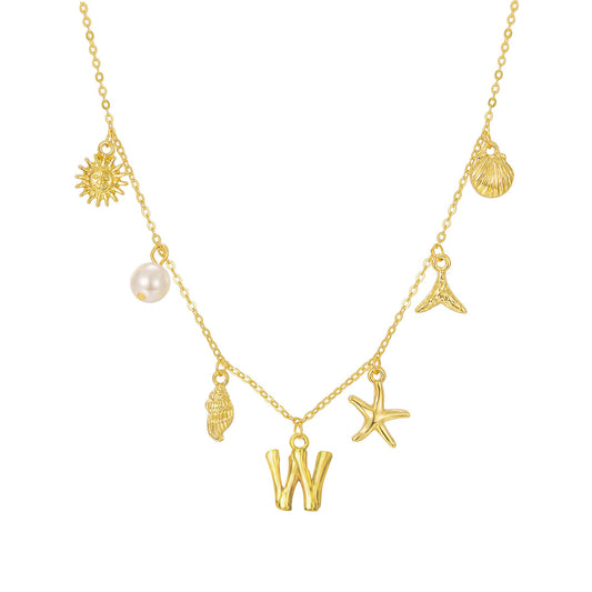 JALZEMPL Initial Charm Necklace For Women Shell Seashell Summer Beach Letter 14K Gold Plated Pendant Starfish Surfer Boho Jewelry Gifts (W)