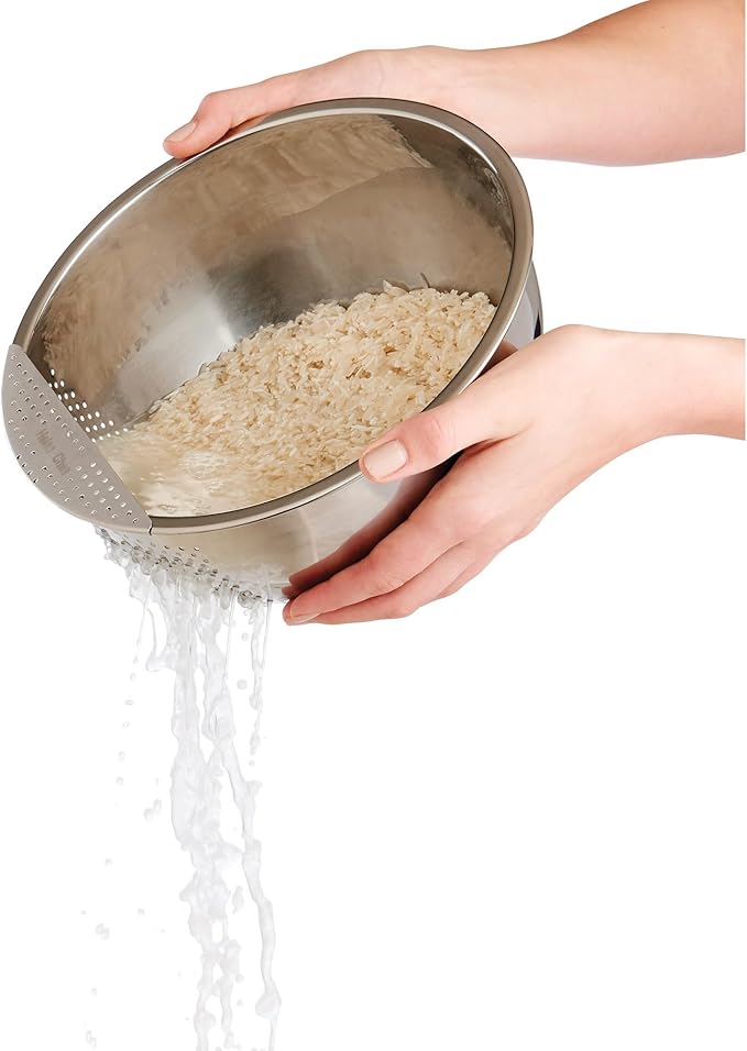 Helen's Asian Kitchen Professional Rice Washing Bowl – Stainless Steel Rice Rinser Strainer with Side Drainer, 3-Quart Capacity. Ideal for Quinoa, Rice, Grains, Legumes, Vegetables. Kitchen Essential