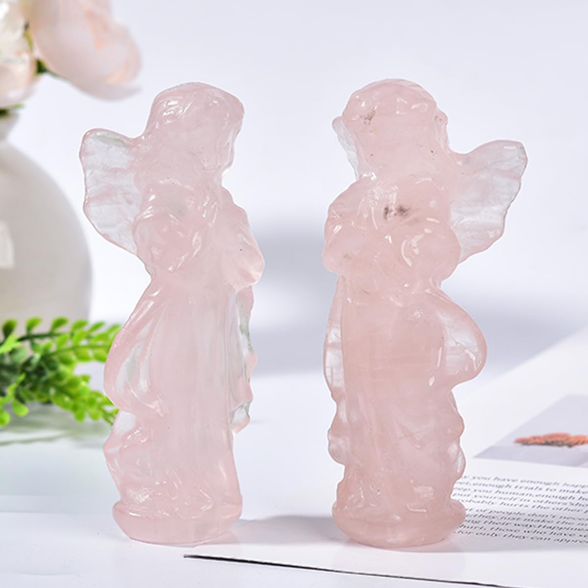 JIC Gem 3.9 Inch Rose Quartz Prayer Angel Healing Crystal Guardian Angel Figurine Pink Hand Carved Gemstone Statue 1pc