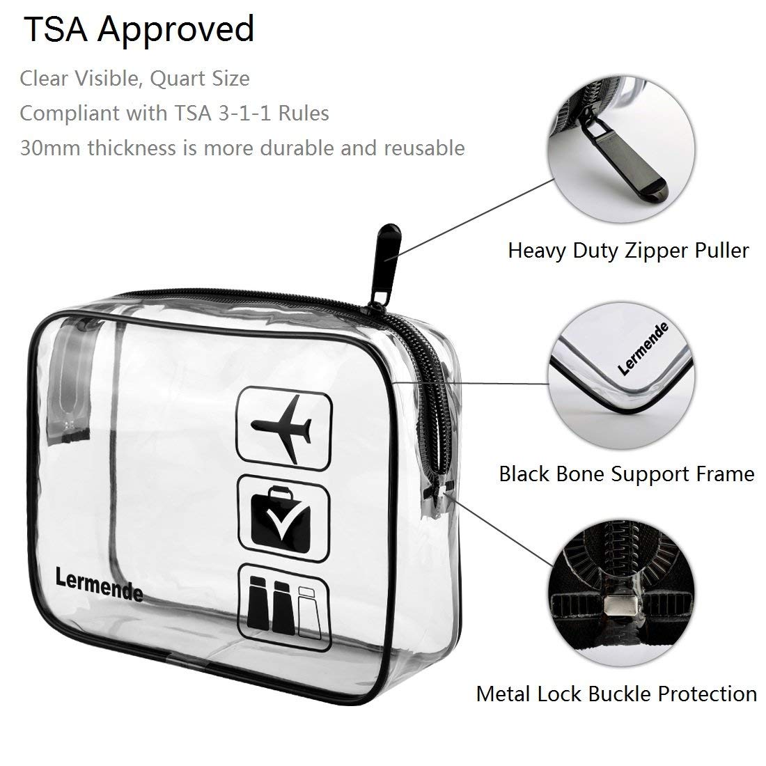 Lermende 2pcs Clear Toiletry Bag TSA Approved Travel Bag,Carry On for Travel,Airport Airline Accessories Compliant Bag,Quart Sized Makeup Cosmetic bag Women Men (Black, 2 Pack)