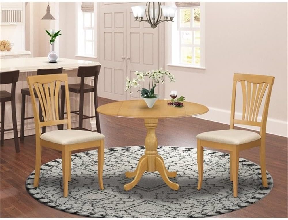 East West Furniture DMAV3-OAK-C 3 Piece Dining Room Table Set Contains a Round Dining Table with Dropleaf and 2 Linen Fabric Upholstered Chairs, 42x42 Inch, Oak