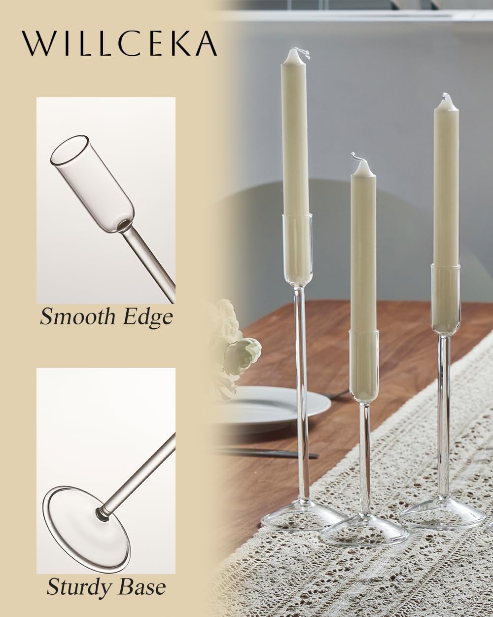 Willceka Candle Holder, Glass Taper Candle Tall Candlestick Holder, 3 Different Heights, for Table Centerpiece, Wedding, Party, Clear, 6pcs