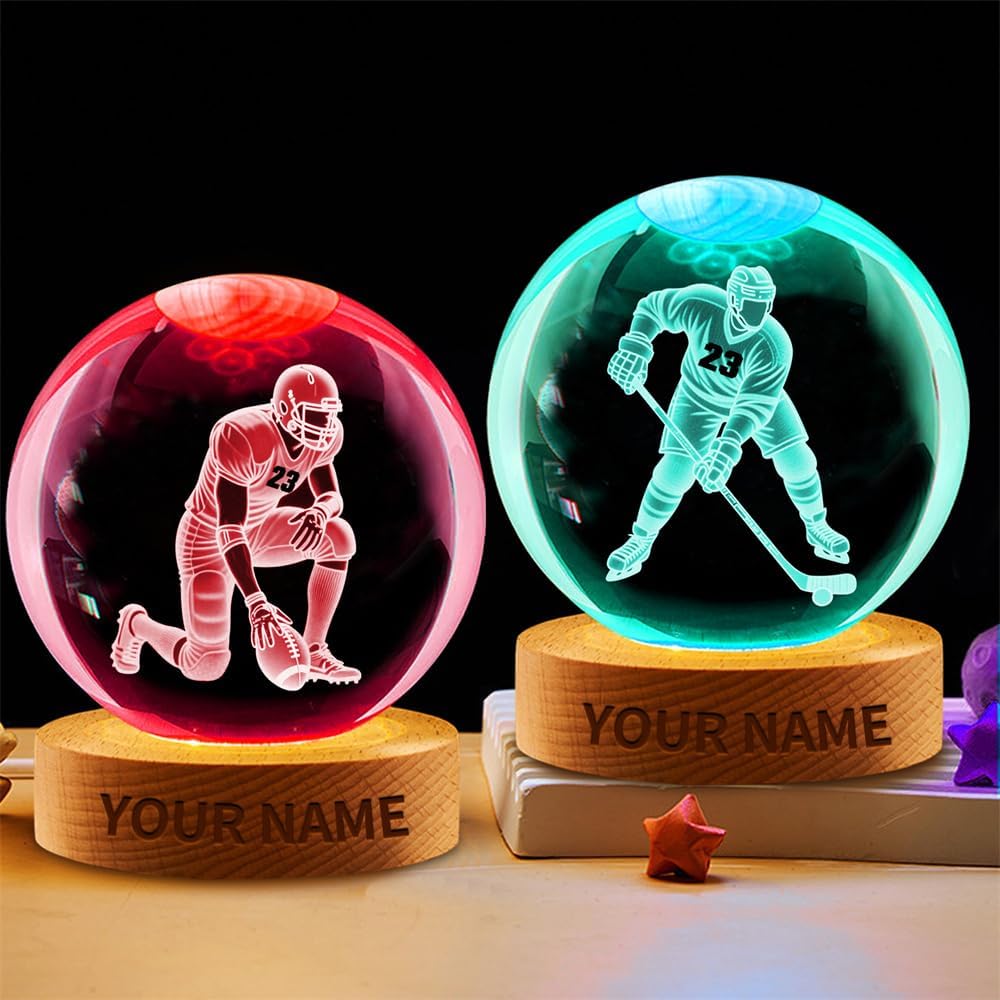 Personalized Ice Hockey Crystal Night Light Gift for Men Women, Custom Name/Number Hockey Player 3D Crystal Ball Night Light Lamp for Bedroom Room Sports Decor Party Bar Christmas Birthday Gift