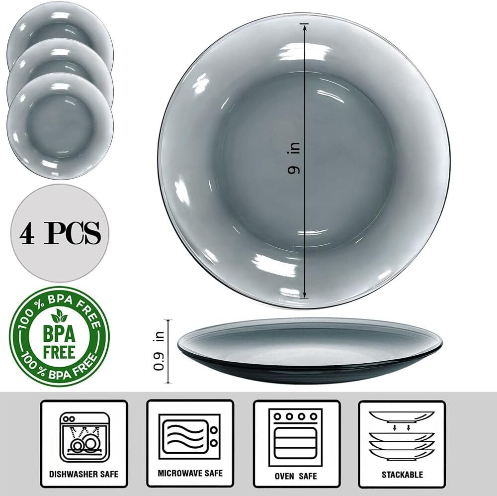 STP GOODS Glass Soup and Salad Bowl with Handles, Cobalt Transparent Glass Eating Plates, Circular Dinnerware for Salad, Bread, Dinner (Gray Set of 4)