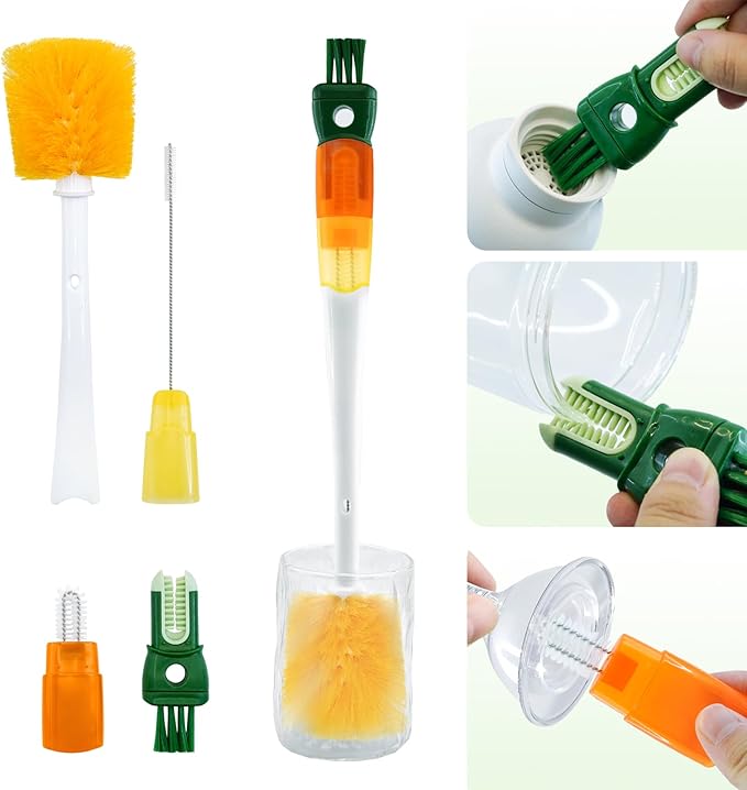 5-in-1 Bottle Brush Set(2Pcs Green & Orange), Long Handle Bottle Cleaning Brush Straw Brush Nipple Brush Hard-corner Brush for Sports Water Bottles Caps Mugs Glasswares Tumblers Wine Decanters