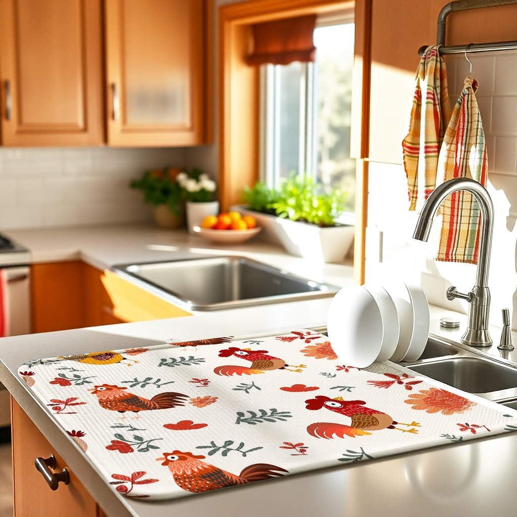 Rooster Large Dish Drying Mat for Kitchen Counter 16''x18''Microfiber Absorbent - Foldable, Quick-Dry, Non-Slip, & Compact Red Kitchen Drying Pad for Dishes, Countertops, and Cookware