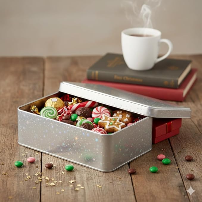 Glitter Tin Bundle – Set of 4 Rectangular Christmas Gift Boxes (Gold, Red, Silver, Pink) – Festive Containers for Cookies, Candy, Crafts & Holiday Gifting