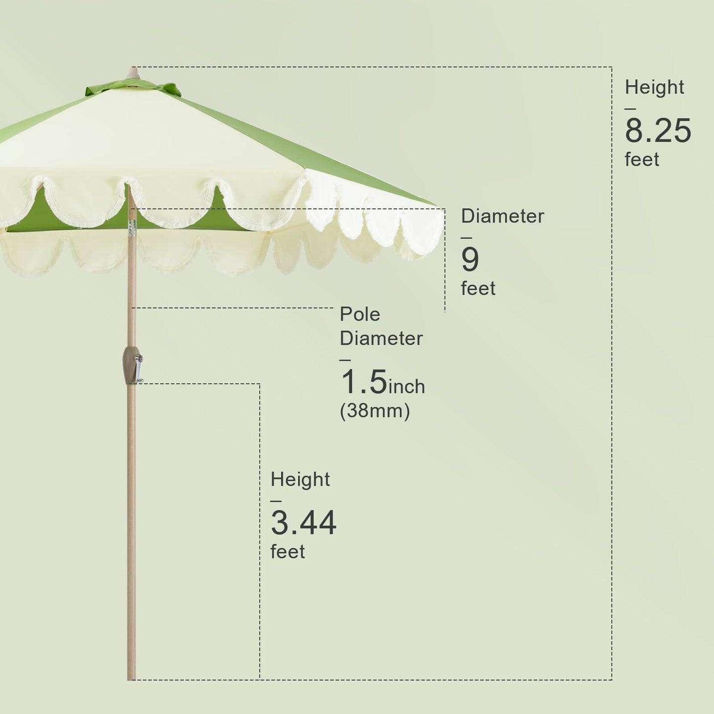Tempera 9ft Scalloped Patio Umbrellas with Fringe, Market Umbrellas with Water-Resistant and Fade Resistant Canopy, 1.5" Wood Pole & Button Tilt.