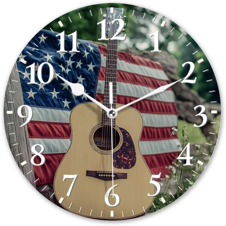 Guitar Wall Clock Non-Ticking Silent Clocks Battery Operated Analog Decor Clock for Home-Guitars Sitting On Fence with American Flag(10inch)