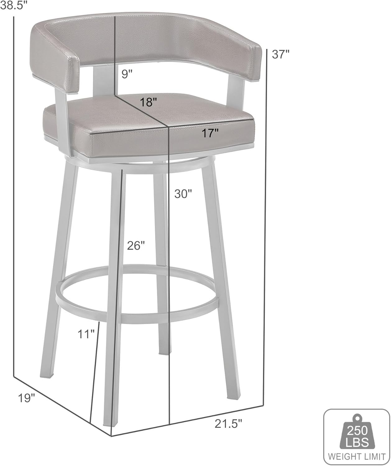 Armen Living Lorin Modern 30" Seat Height White Faux Leather and Brushed Stainless Steel Metal Swivel Bar Stool for Kitchen Island Counter
