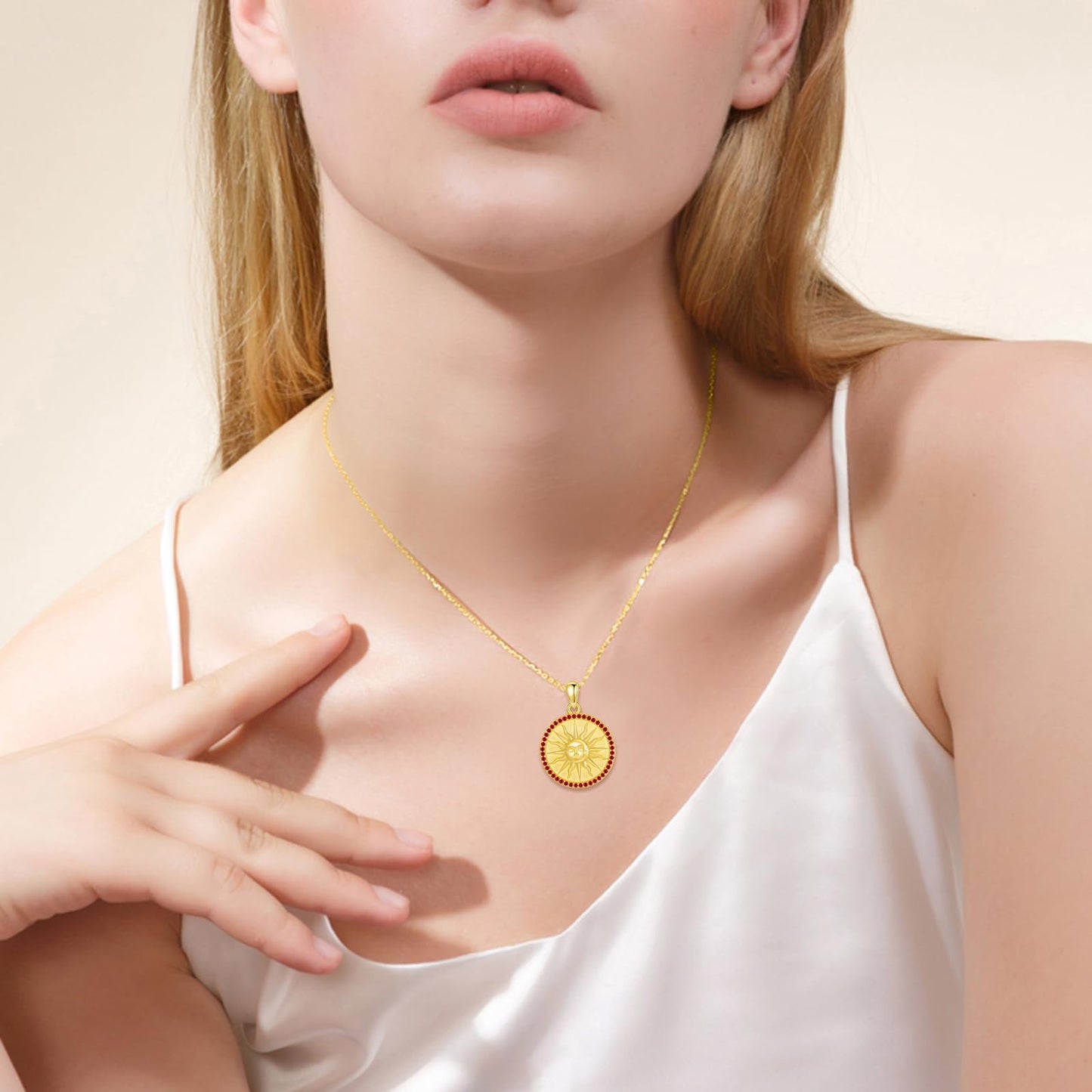 KQF Sun Coin Necklace for Women 925 Sterling Silver 18K Gold Plated Birthstone Sun Coin Pendant January Jewelry Gift for Women