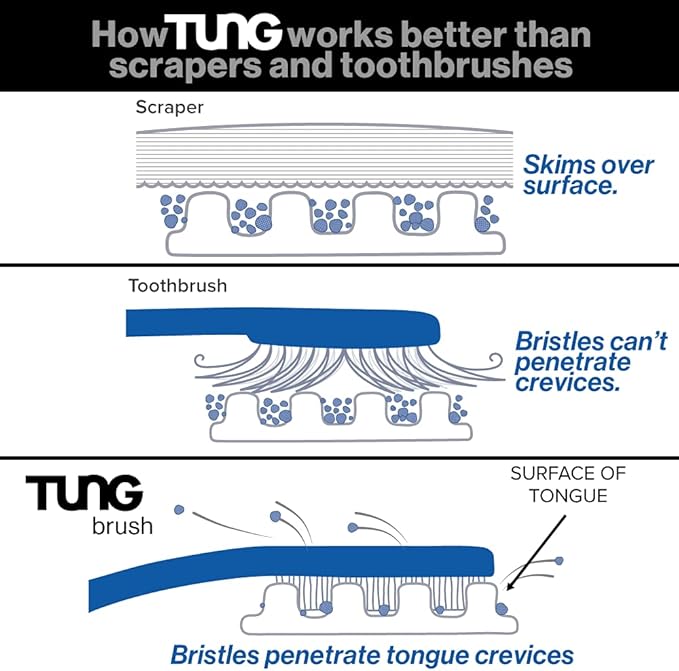 Tung Brush Tongue Cleaner, Plastic Tung Scraper, Tongue Cleaning to Fight Bad Breath, Halitosis Defense, USA Made, 2-Pack w/Cap