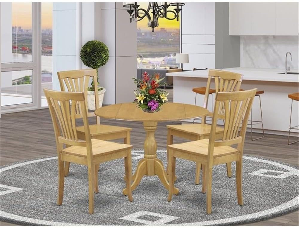 East West Furniture DMAV5-OAK-W 5 Piece Dinette Set for 4 Includes a Round Dining Room Table with Dropleaf and 4 Kitchen Dining Chairs, 42x42 Inch, Oak