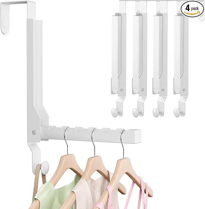 4 Pack Over The Door Hanger Foldable Over The Door Hooks，Rust-Resistant Overdoor Hanger Hook for Laundry (Clothes Drying Rack)&Bathroom (Towel Rack) Small Portable,White
