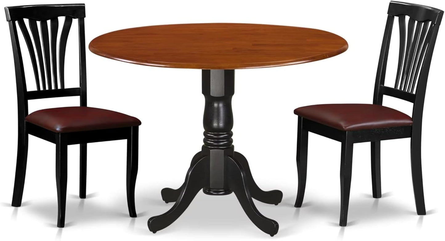 East West Furniture DLAV3-BCH-LC 3 Piece Modern Dining Table Set Contains a Round Wooden Table with Dropleaf and 2 Faux Leather Kitchen Dining Chairs, 42x42 Inch, Black & Cherry
