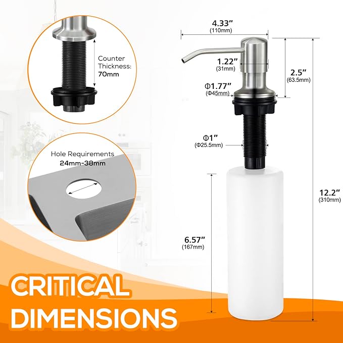 Soap Dispenser for Kitchen Sink, Bulit in Soap Dispenser Lotion Dispenser with 17 OZ Large Soap Bottle Refill from The Top, Brushed Nickel Stainless Steel Countertop Pump Head