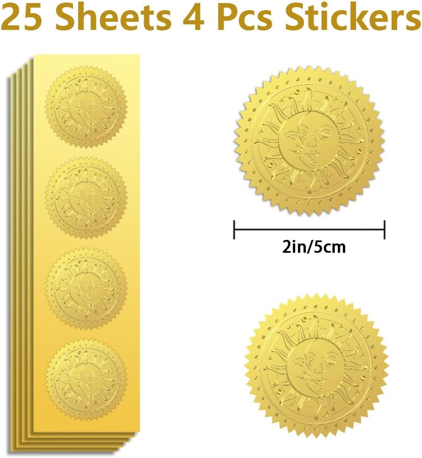 Peacoblue Gold Foil Sticker Seal Embossed 2 Inch 100Pcs Mysticism Sun and Moon, Self Adhesive Gold Around Embossing Sticker for Invitation Certificate Envelope Seal Gift Card Decoration