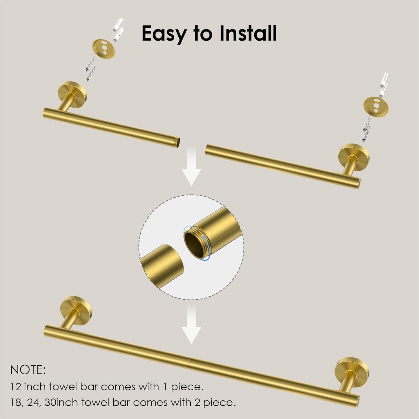 FORIOUS Towel Bar Wall Mounted, Stainless Steel Towel Racks for Bathroom, Includes Wall Mounting Hardware (Brushed Gold, 32 Inch)