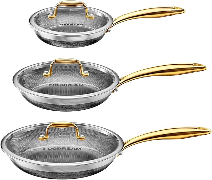 FogDream 3 Pcs Non Stick Frying Pans with 3 Lids, 8, 10 & 12 Inch Stainless Steel Skillets, Tri-Ply Stainless Steel for All Cooktops, Dishwasher & Oven-Safe Cooking Pan, Stay-Cool Handle, Gold