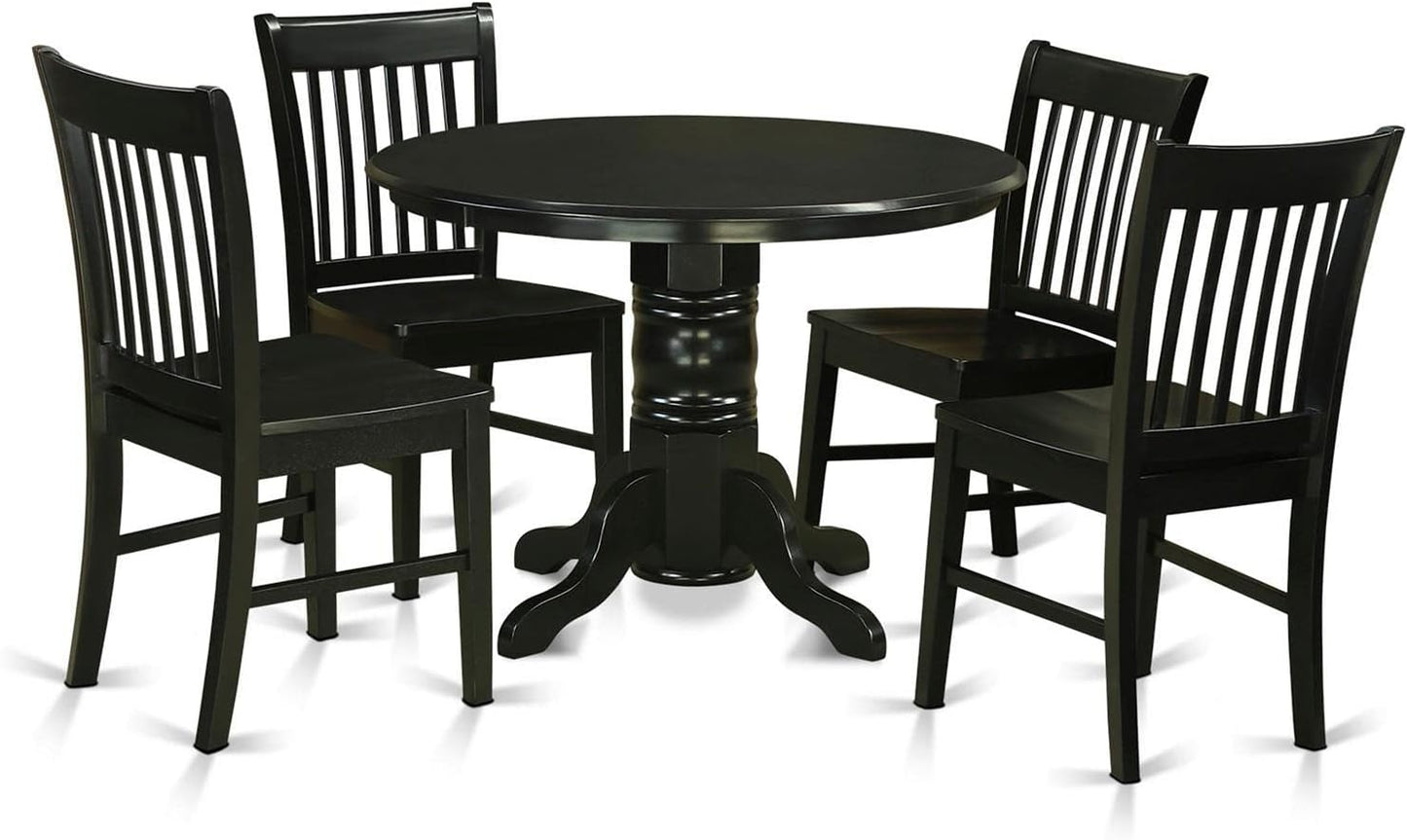 East West Furniture SHNO5-BLK-W 5 Piece Dining Set Includes a Round Dining Room Table with Pedestal and 4 Wood Seat Chairs, 42x42 Inch, Black