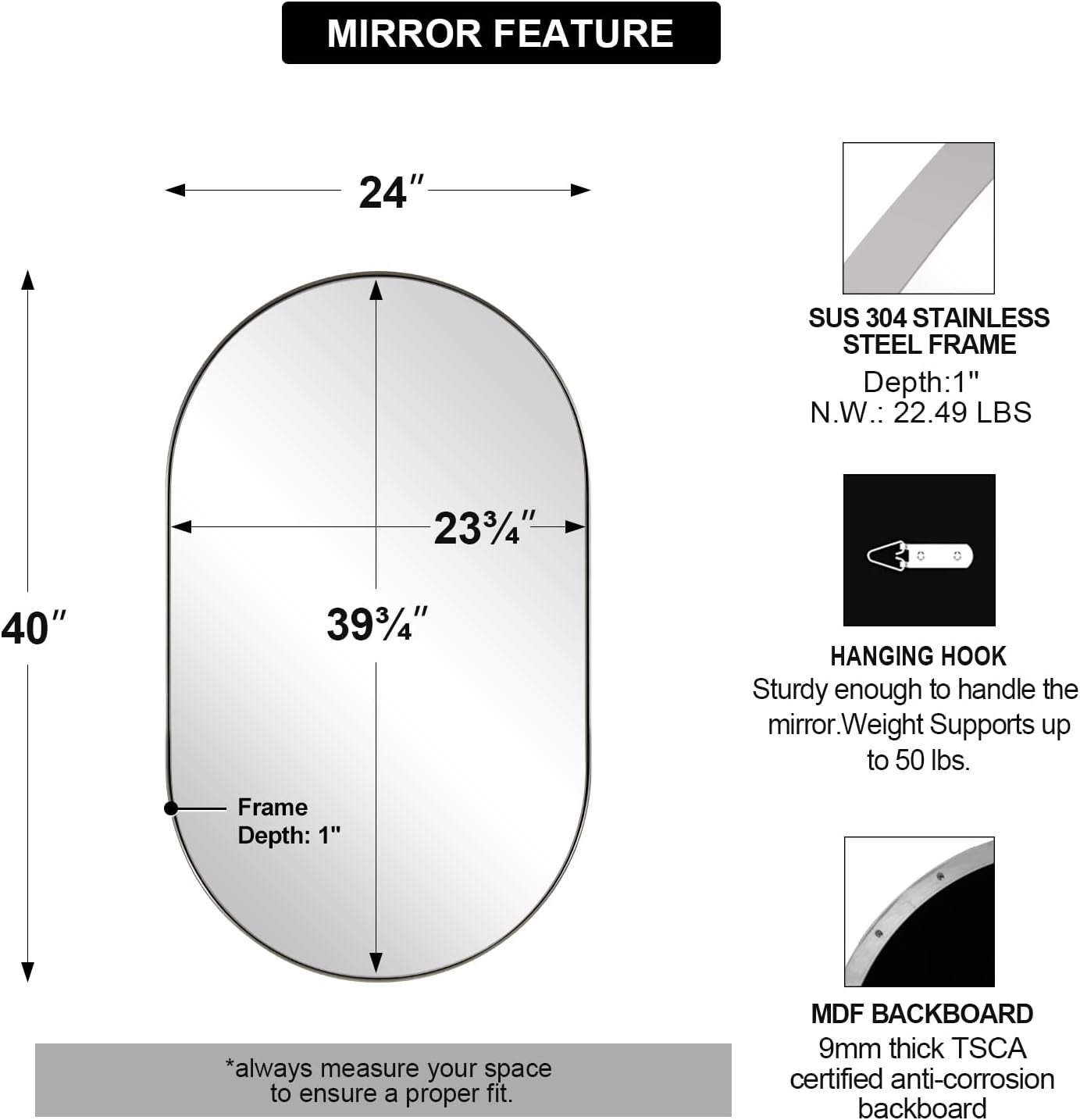 ANDY STAR Rustproof Chrome Oval Mirror for Bathroom, Oval Vanity Mirror for Wall, Polished Chrome Mirror SUS304 Metal Frame Mirror HD Glass Reflection 1’’ Deep Hang Vertically & Horizontally