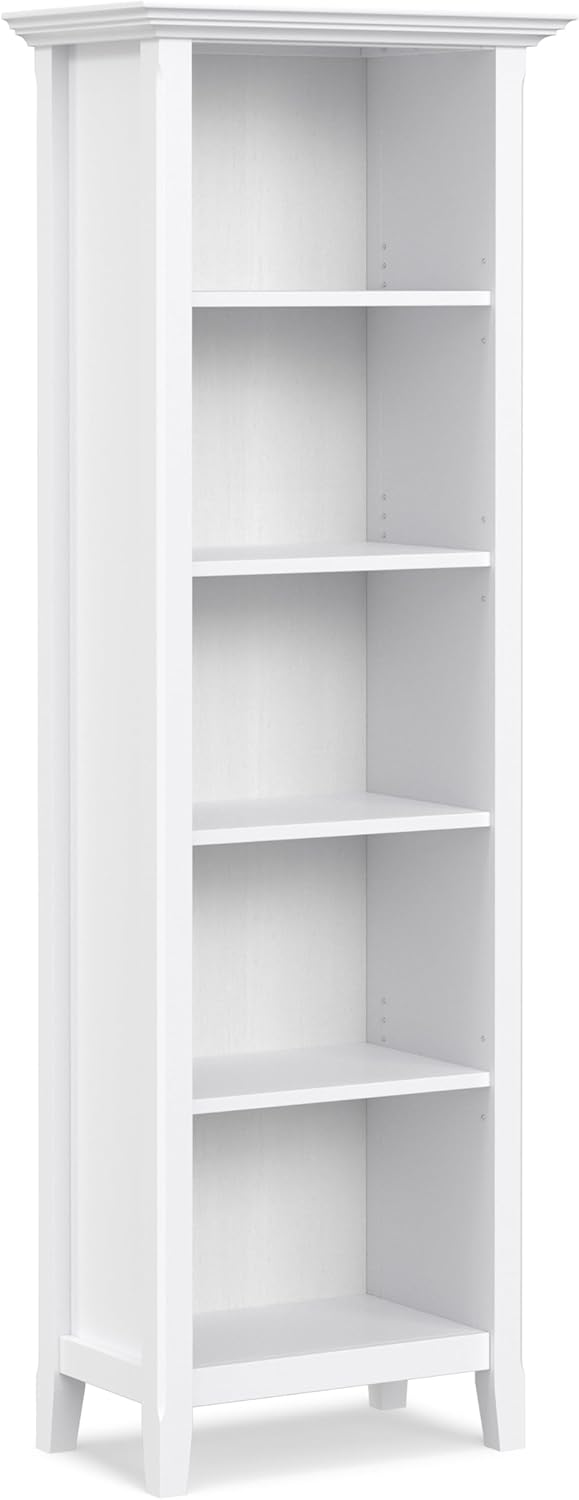 SIMPLIHOME Amherst Bookcase - 70 inch Tall 5-Shelf Solid Wood Bookshelf in White, Transitional Storage for Living Room, Study Room or Office with Adjustable Shelves and Tapered Legs