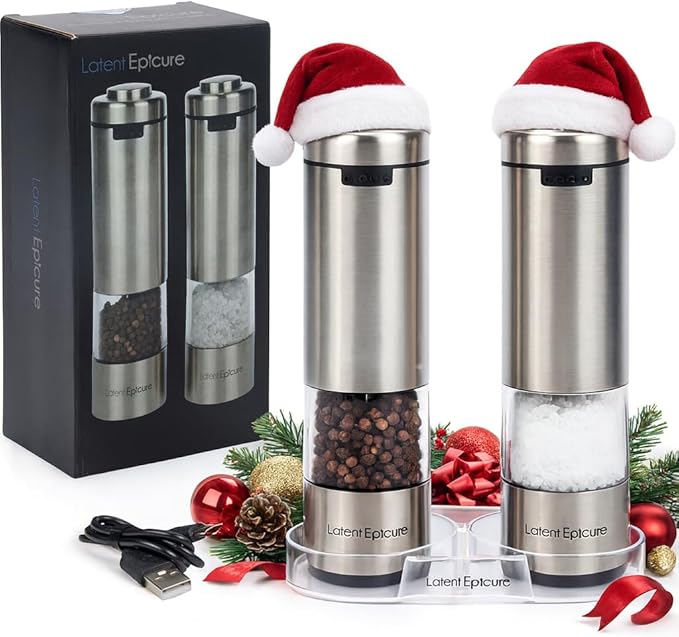 Electric Salt & Pepper Grinder Set – USB-C Rechargeable Stainless-Steel Mills & Shakers with LED Light, Adjustable Ceramic Grinders & Acrylic Rest Tray