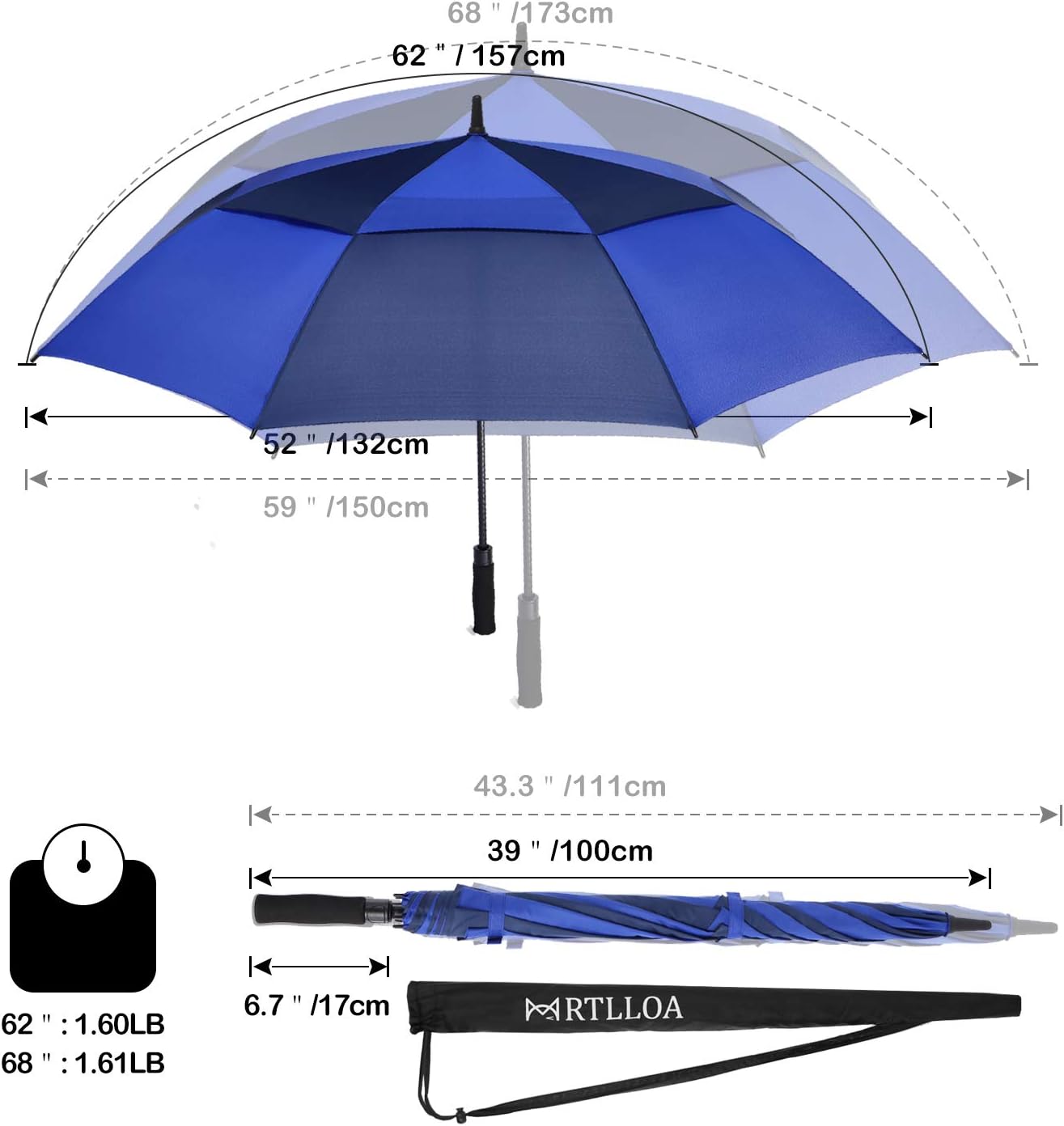 MRTLLOA Extra Large Golf Umbrella, 54/62/68/72 Inch Automatic Open, Oversize Double Canopy Vented Windproof Waterproof Sports Umbrellas for Rain