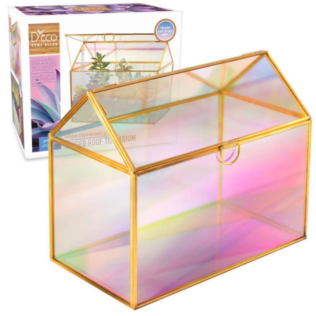 D'Eco Iridescent Glass House Centerpiece (10x6x8)- Planter Terrarium- Spring Home Decor & Wedding Letterbox - Fill with Succulents, Cacti, Air Plants, Moss, Flowers for Plant Lovers