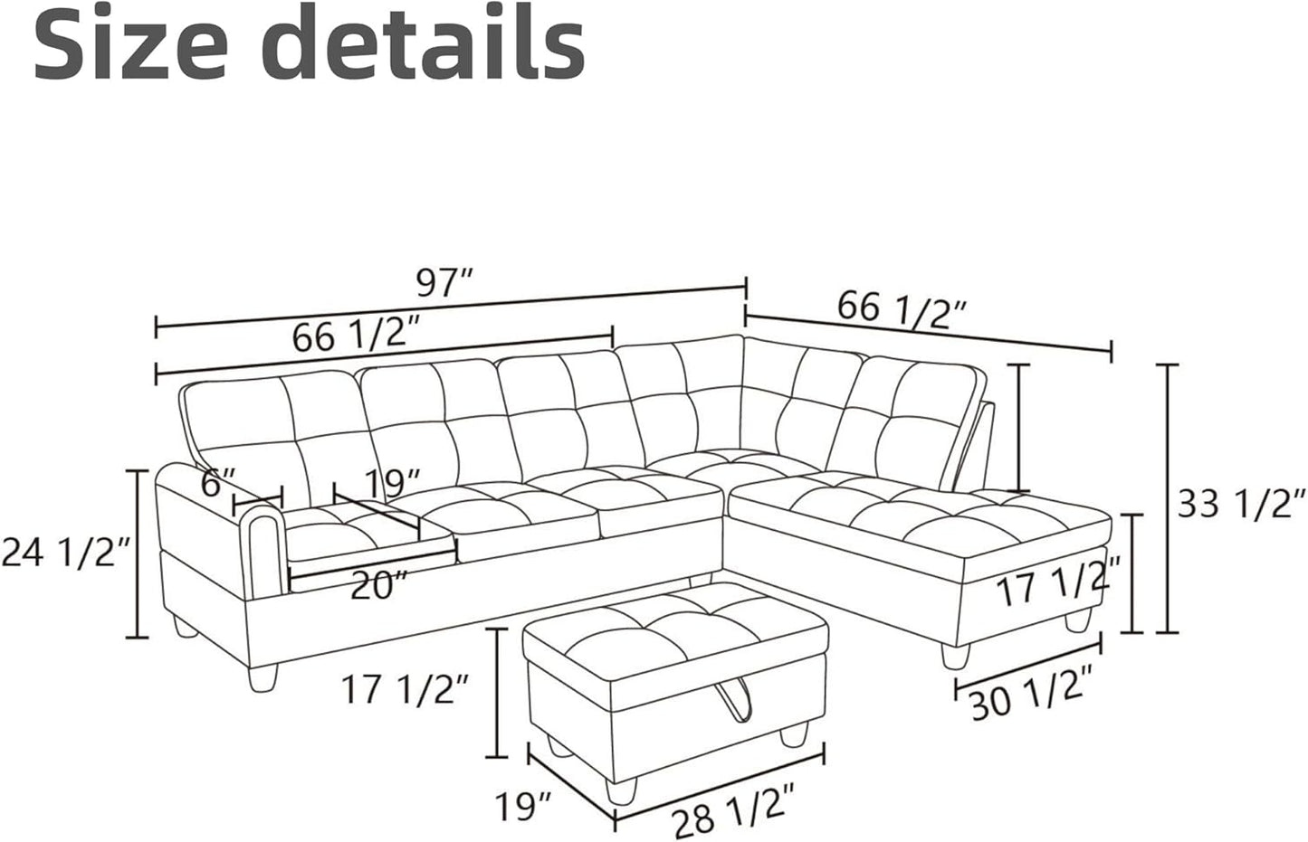 L Shaped Sectional Couches, Leather Couch Modular Sectional Sofa with Ottoman Storage, Modern L Shaped Couch with Chaise for Living Room Bedroom Apartment Furniture, Black