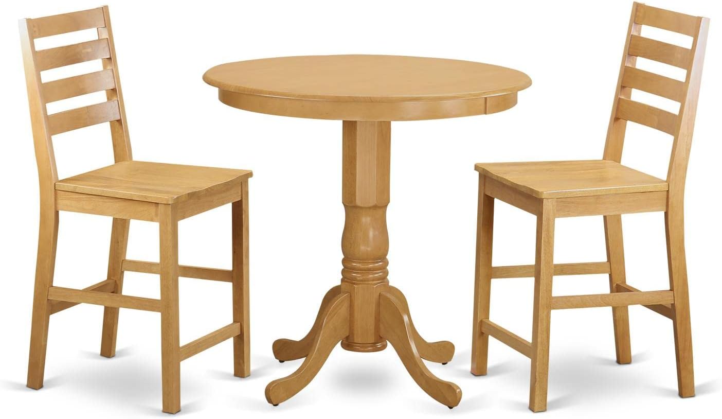 East West Furniture JACF3-OAK-W 3 Piece Counter Height Dining Set for Small Spaces Contains a Round Wooden Table with Pedestal and 2 Kitchen Chairs, 36x36 Inch, Oak