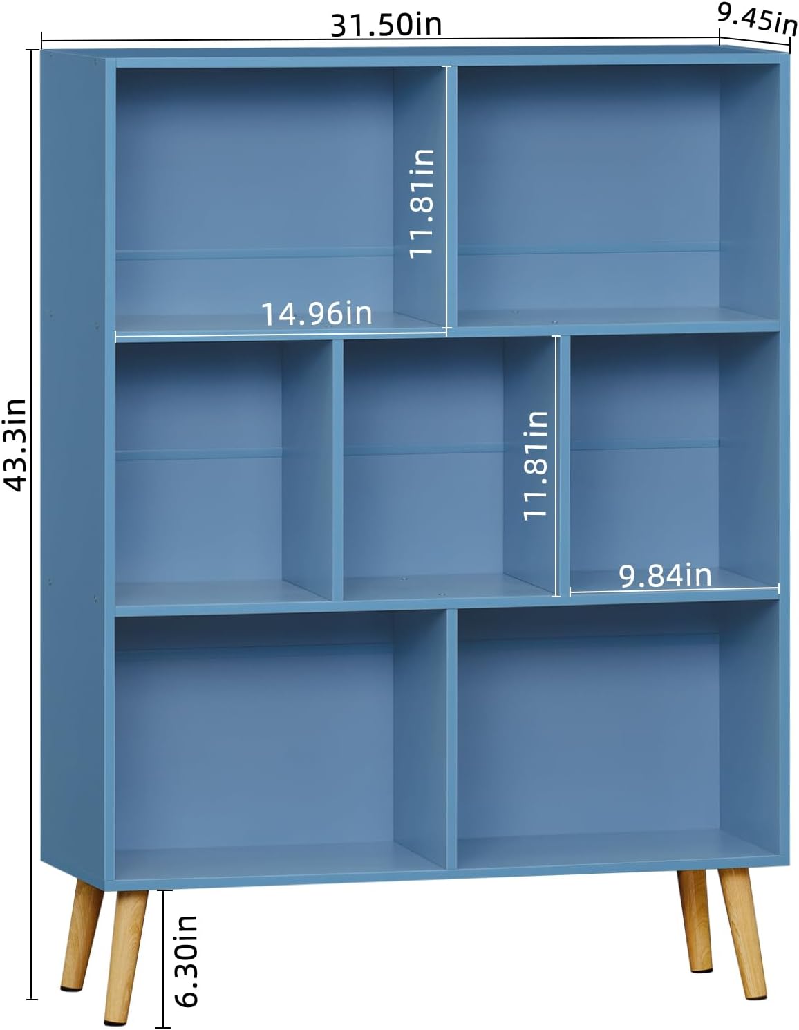 YAHARBO 7 Cube Bookshelf, Blue Kids Book Shelf with Cubby Storage,Wooden Modern Bookcase with Legs,3 Tier Freestanding Display Book Case,Children Toy Organizer,Bookshelves for Office,Nursery,Playroom